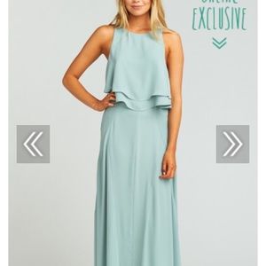 Show Me Your Mumu silver sage bridesmaid’s dress.